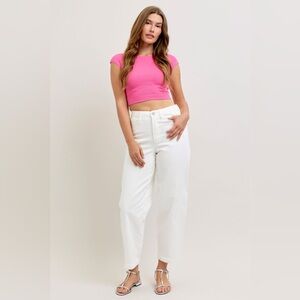 Judy Blue White High-Rise Wide Leg Jeans with Pink Crop Top